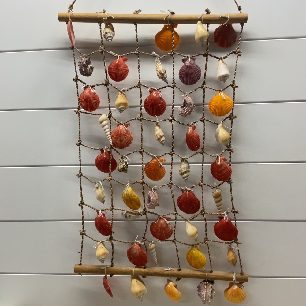 Vintage Nautical Seashell Fishnet Wall Hanging Coastal Beach Decor Wood Dowel